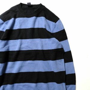 00's Gap GAP futoshi border crew neck cotton knitted sweater (L) black × light blue wool .00 period old tag Old 2005 year made 