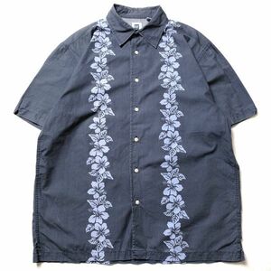 00's ギャップ GAP コットン アロハシャツ 半袖 (M) 青灰系 花柄 ストライプ 00年代 旧タグ オールド ハワイアンシャツ2002年