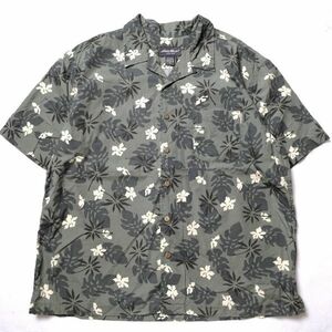 90's 00's エディーバウアー オープンカラー コットン アロハシャツ 半袖 (XL) 緑 花柄 ハワイアンシャツ ボックスシャツ 旧タグ オールド