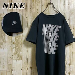 【人気デザイン】NIKE ナイキ 特大プリント 3連ロゴ 刺繍 袖ロゴ スウッシュ ビッグシルエット 半袖Tシャツ ブラック Lサイズ 古着