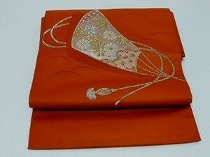 名古屋帯 正絹 金糸・銀糸刺繍入 橙色 中古美品 n63★喜香★