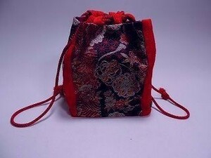 巾着バッグ 紅色・黒・金 植物文 麻の葉柄 中古 bag1★喜香★