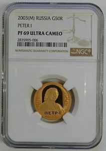  Russia 2003 year 50 lube ruEMPEROR PETER I proof gold coin PF69 Ultra cameo coin 