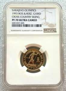 ボスニア1993クロスカントリースキーヤー10000ディナラNGC PF70 最高鑑定 金貨 コイン、プルーフ 、レア 硬貨