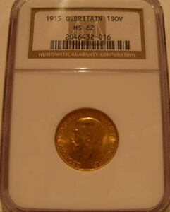  England 1915 gold coin Sovereign NGC MS62 coin 
