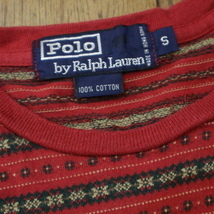 90s Polo Ralph Lauren ジャガード ボーダー Tシャツ S レッド 総柄 ノルディック 半袖 コットン ポロ ラルフローレン_画像4