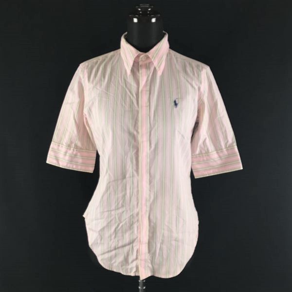 美品 ラルフローレンチェック半袖ブラウスシャツ M ポニーロゴ ピンク 