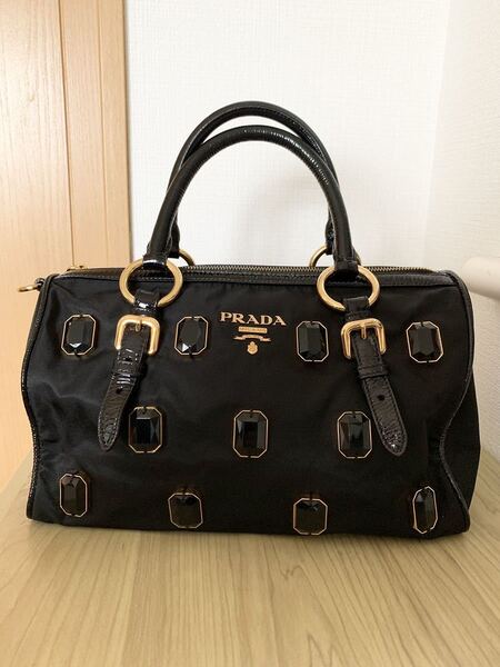 PRADA プラダ ビジュー付き ハンドバッグ BL0587 ブラック NERO テスート ナイロン レディース 【正規品】【中古】