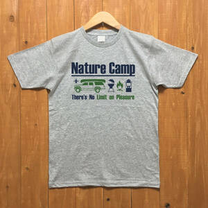 ■NATURE CAMP Tシャツ■ Lサイズ（グレ－xネイビーxグリーン）　キャンプ　アウトドア　ランタン　バーベキュ－　BBQ　キャンプ用品