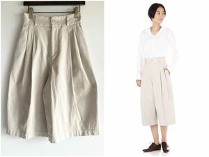 19SS 美品 MARGARET HOWELL YARN DYE HEAVY COTTON TWILL マーガレットハウエル タックワイドキュロット サイズ1 S オフホワイト MHL.