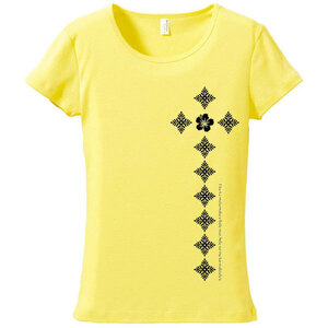 (M) light yellow [tf113] ethnic Hawaiian print * hula dance mail service shipping T-shirt short sleeves free shipping Hawaii *fla