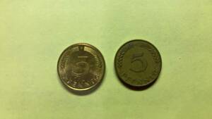 【古銭】外国銭　ドイツ　５ペニヒ硬貨　2枚（1966年、1991年）