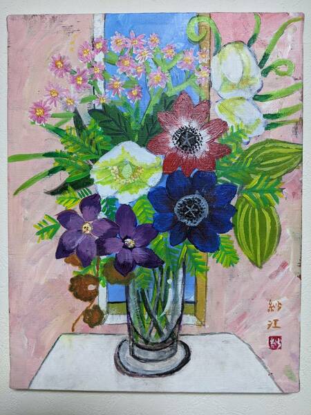 ☆花　花瓶　絵画　アート　芸術　キャンバス　Ｆ６（318×410）アクリル樹脂絵の具　模写　インテリア　子供部屋