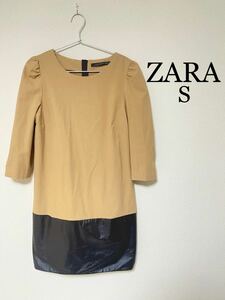 ZARA★ フェイクレザー切り返しワンピース、ベージュ、ライトブラウン