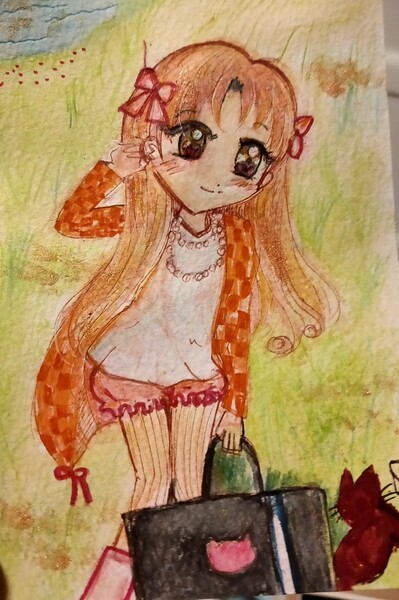 手描きイラスト 水彩 猫と少女