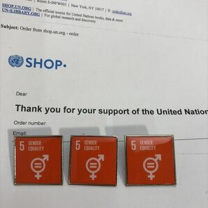 SDGsピンバッジ 3個（3080円税込）（5: ジェンダー平等の実現 ・ジェンダーイコール（国連ブックショップ購入・送料無料）(再生素材)UN33