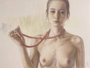 Art hand Auction Shogo Takatsuka, Coral necklace, From a rare art book, New high-grade frame, matte framed, postage included, pastel, artwork, painting, portrait