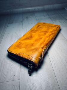 【本革】イタリア輸入 牛革 ハンドメイド 長財布 メンズ/レディス(イエロー)