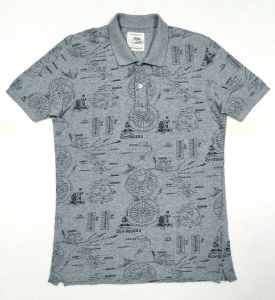 8.5@ 美品「Roy Roger’s」ハワイアンモチーフ 半袖 鹿子地 プリントポロ Gray SIZE:M エジプト製