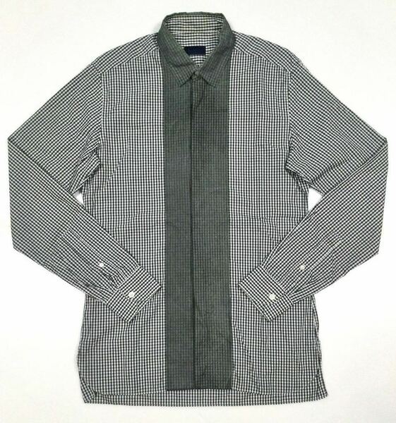 〜2/25☆ 良品「LANVIN」チェック柄×ラインデザイン 長袖ドレスシャツ Gray SIZE:39 イタリア製 高級ライン