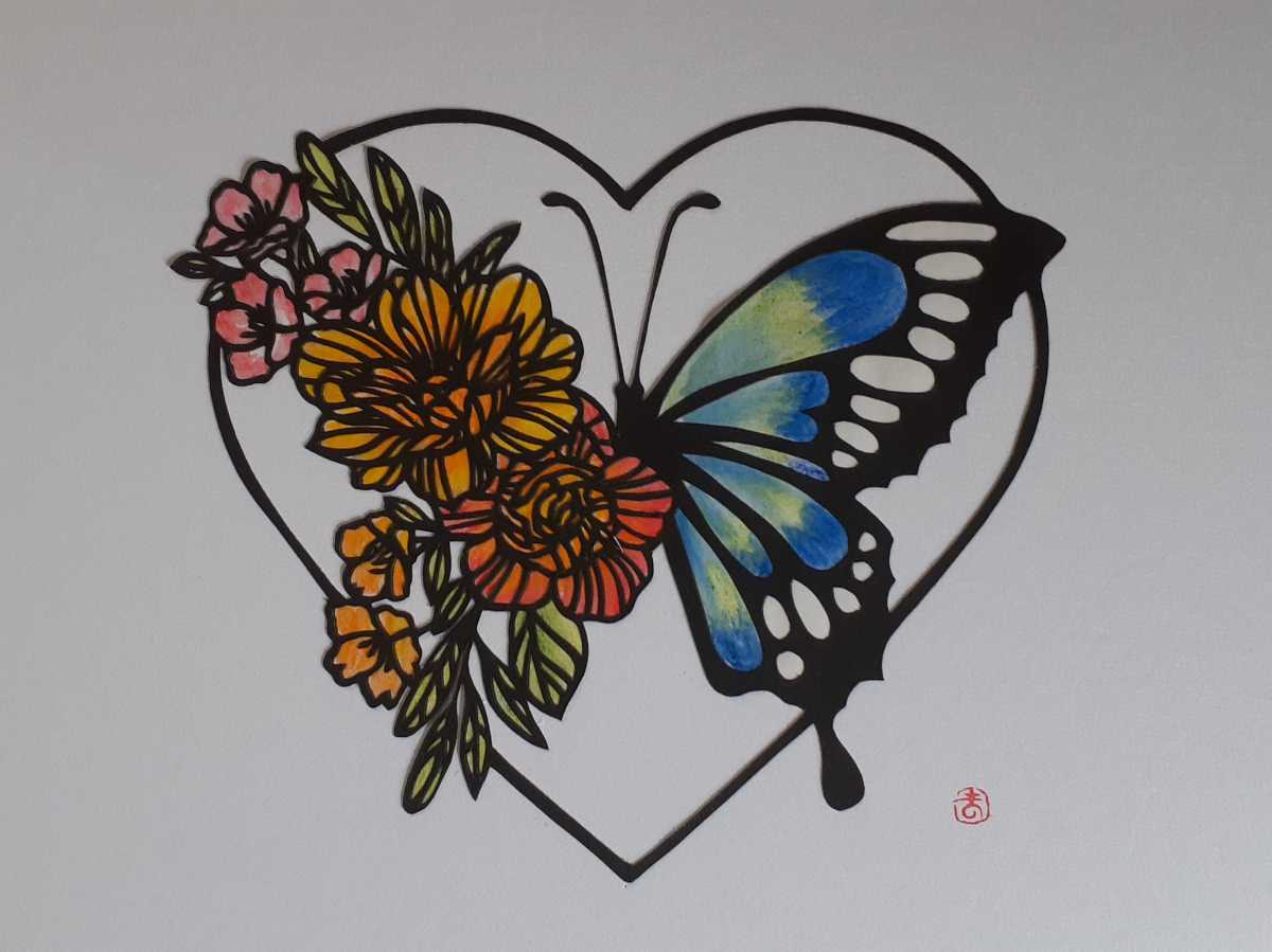 Paper cutting art: flowers and butterflies, Artwork, Painting, Collage, Paper cutting