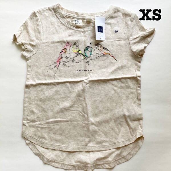 【110】新品★GAPKIDS インコ柄半袖Tシャツ 4-5years 女の子 フレンチスリーブ エクリュ xs 動物柄