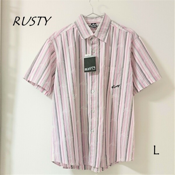 【レア・新品・未使用・タグ付】RUSTY ラスティー ストライプ 刺繍 ロゴ シャツ L