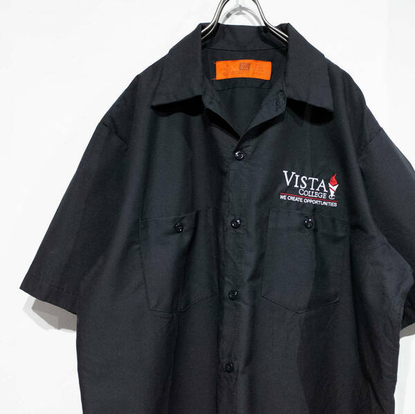 REED VISTA COLLEGE カレッジシャツ T/Cツイル ワークシャツ 半袖 ゆるダボ スケーター ブラック 黒 アメカジ 刺繍 LOGO L 古着