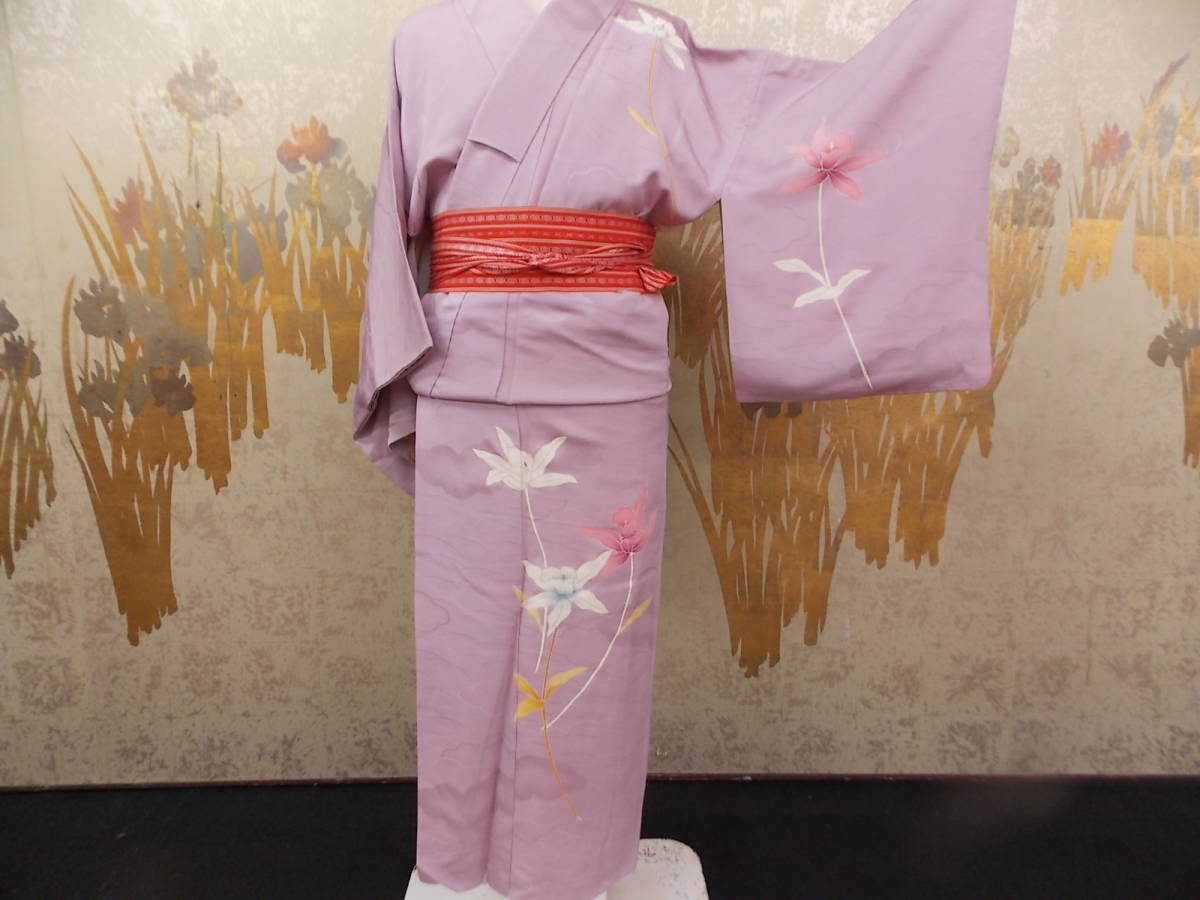 기모노 곤자쿠 2506 행잉 나들이 기모노 연보라색 손으로 그린 카틀레야 꽃 겉감과 안감 모두 아름답습니다., 패션, 여성용 기모노, 키모노, 교수형