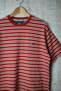 ☆US古着 TOMMY JEANS トミーヒルフィガー Tシャツ ボーダー ロゴ刺繍 レッド赤×白【L】鹿の子生地　　　　　◆3012◆