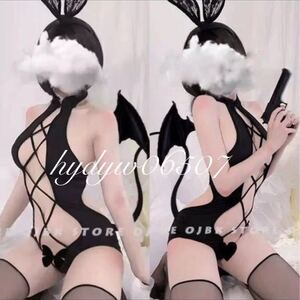 新品 レディース女性 小悪魔サキュバスコスプレ スク水 ブラック フロント紐編み レオタードスーツ セクシーランジェリー 仮装 衣装 黒
