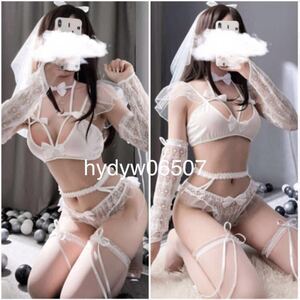 新品 アニメ ロリータ ナイトウェア 清純天使姫コスチューム ウェディングドレスコスプレ衣装 ブライダルセクシーランジェリー白 5点セット