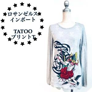 新品＊ロサンゼルス輸入＊スパンコール付き＊TATOOプリント長袖Tシャツ＊ロック エモ系 カジュアル