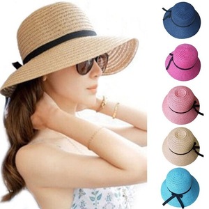 夏 麦わら帽子 100% ストローハット UVハット つば広 日よけ 日焼け防止 折り畳める紫外線対策 蝶結び 5色