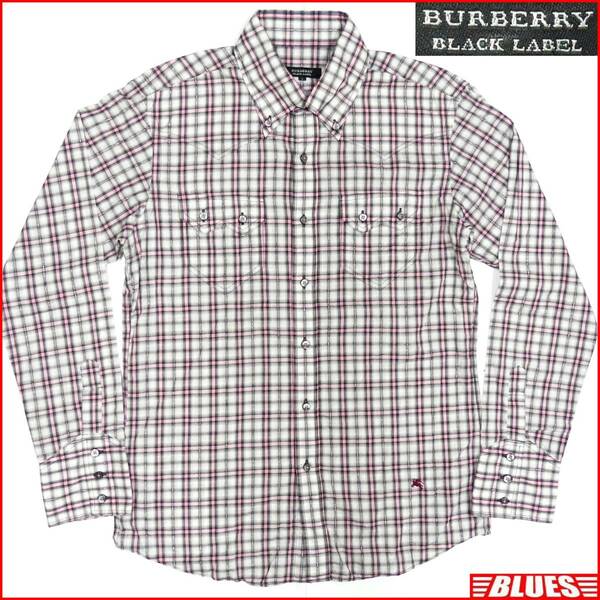 即決★BURBERRY BLACK LABEL★メンズM 廃版 チェックシャツ バーバリーブラックレーベル 2 ウエスタンシャツ 三陽商会 ナイト刺繍 長袖