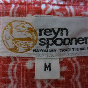 80's reyn spooner レインスプーナー 半袖 柄物裏地使い プルオーバーボタンダウンアロハシャツ M 赤系×白系の画像8