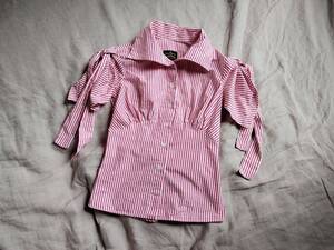 Vivienne Westwood ANGLOMANIA ヴィヴィアンウエストウッド アングロマニア ストライプ柄 袖リボン ストレッチ コットン シャツ 赤 白 38