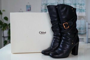 Chloe Chloe pa DIN ton middle boots 36 ( approximately 23cm) black black leather boots original leather boots long boots 9.5cm heel original box equipped beautiful goods 