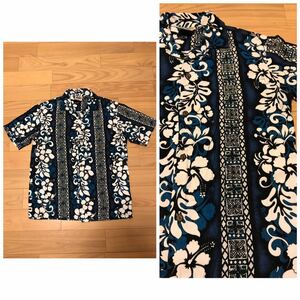 美品☆HAWAII製／Winnie Fashion サイズM 希少.縮緬コットン染め生地　半袖アロハシャツ リーフボーダー&模様.総柄 染み込みプリント技法