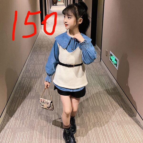 衣類一斉値下げ中♪デニムシャツ+ふんわりベスト+ベルト 3点セット ベージュ 130,140,150