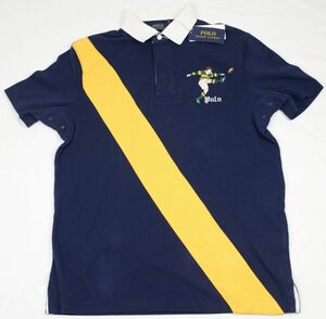 ●POLOラルフローレン半袖ラガーシャツ(紺＋黄ライン,US-M(JP-L))新品