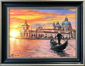 油絵 風景画『ヴェネツィアとゴンドラ』Rova作 肉筆１点物 観光地 旅行 イタリア R9.20-T7