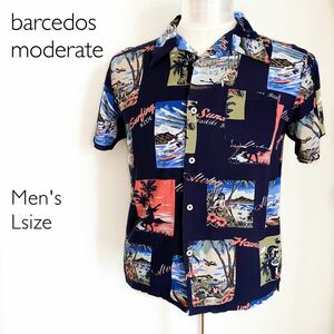 barcedos moderate ボタニカルアロハシャツ 半袖 Lサイズ 柄シャツ レーヨン 古着