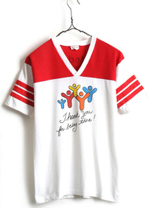 80's USA製 ビンテージ ■ 両面 プリント 2トーン 切替 Vネック 半袖 フットボール Tシャツ ( メンズ M ) 古着 80年代 半袖Tシャツ 白 赤