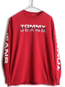 90's 00's ■ トミーヒルフィガー 4面 ロゴ プリント 長袖 Tシャツ ( メンズ M 程) 古着 TOMMY HILFIGER JEANS ロンT 袖プリ 長袖Tシャツ