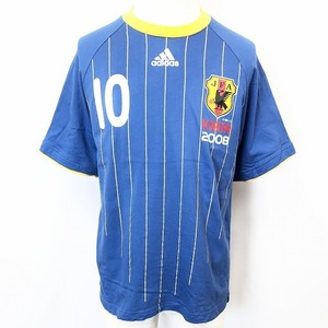 adidas アディダス S メンズ 男性 Tシャツ カットソー ストライプ プリント JFA サッカー 2008 KIRIN 10番 ラグラン 半袖 綿100% ブルー 青