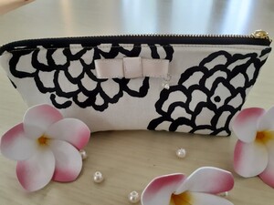 ペンケース ダリア ポーチ デニム 花 キラキラ ハンドメイド ながさいふ 長財布 かわいい ベージュ