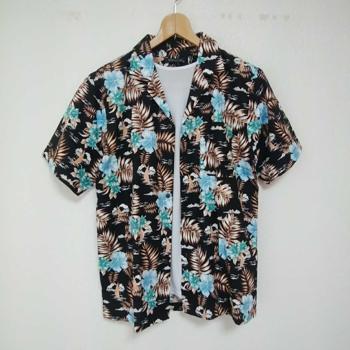 オープンカラーシャツ フラワー リーフ L(M)サイズ メンズ ブラック