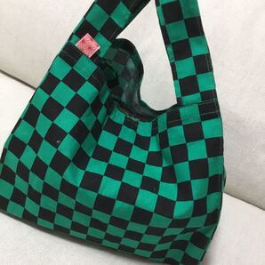 ☆手作り コンビニ用エコバッグ お弁当バッグ 炭治郎柄 市松模様 手作り 鬼滅の刃 グリーン☆
