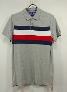 TOMMY HILFIGER トミー ヒルフィガー SLIM FIT 鹿の子 ボーダー ポロシャツ 半袖 (S) 杢グレー ●E-083